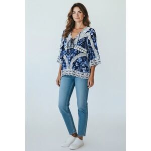 Parami Design Blue Floral Boho Crochet Lace Trim V-Neck Tie Front Blouse Sz S